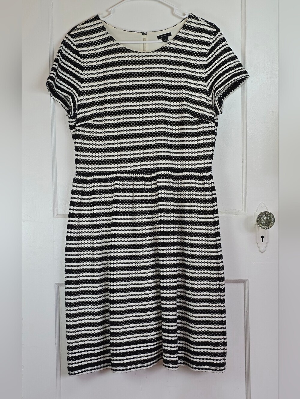 Ann Taylor Black and White Eyelet Striped Short-Sleeve Fit-and-Flare Dress 12